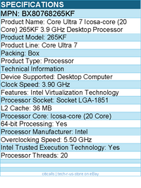 Intel BX80768265KF Core Ultra 7 265KF (20 Core) 3.90 GHz Processor