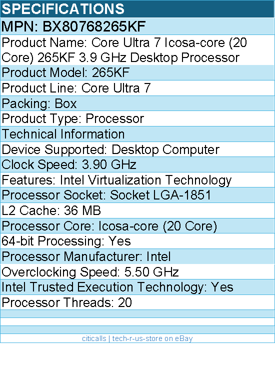Intel BX80768265KF Core Ultra 7 265KF (20 Core) 3.90 GHz Processor