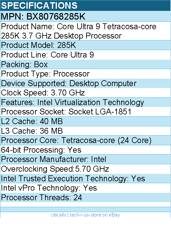 Intel BX80768285K Core Ultra 9 285K (24 Core) 3.70 GHz Processor