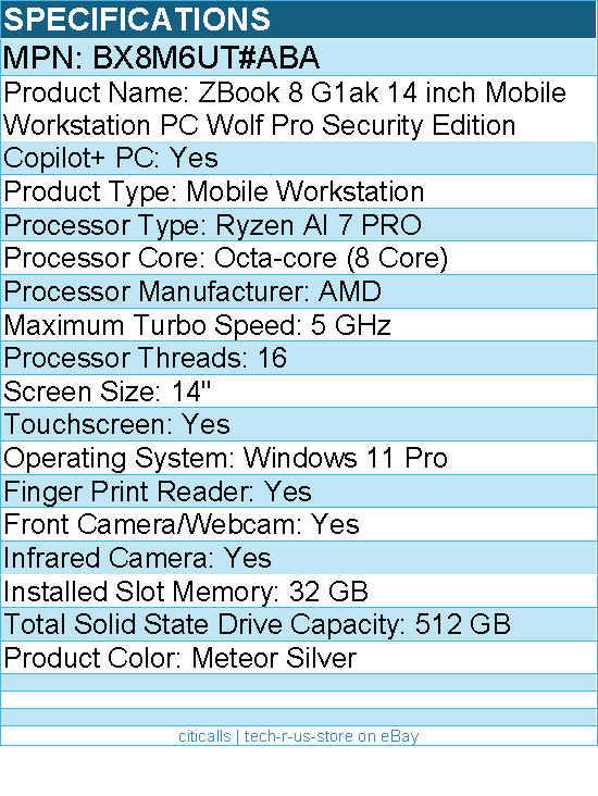 HP BX8M6UT#ABA ZBook 8 G1ak 14" Copilot+ PC Mobile Workstation - Meteor Silver