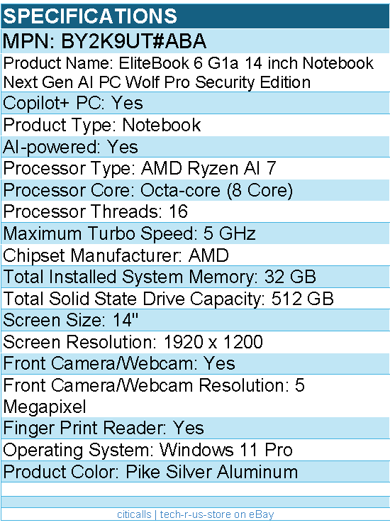 HP BY2K9UT#ABA EliteBook 6 G1a 14" Copilot+ PC Notebook - AMD Ryzen AI 7 350