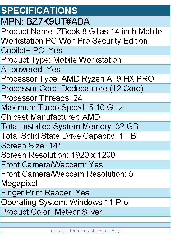 HP BZ7K9UT#ABA ZBook 8 G1as 14" Copilot+ PC Mobile Workstation - Meteor Silver