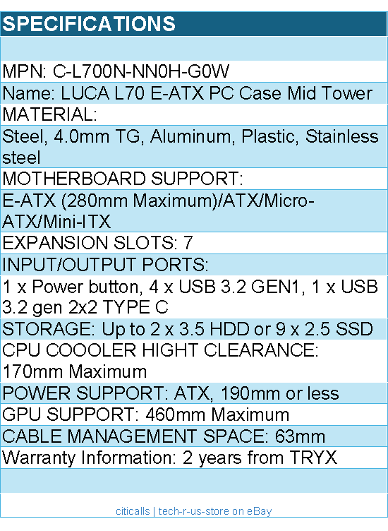 TRYX C-L700N-NN0H-G0W Computer Case - LUCA L70 Midtower White E-ATX