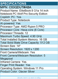 HP C03QDUT#ABA EliteBook 8 G1a 14" Touchscreen Copilot+ PC Notebook