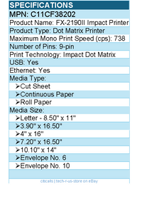 Epson C11CF38202 FX-2190II 9-pin Dot Matrix Printer - Energy Star