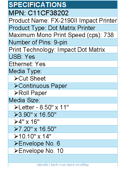 Epson C11CF38202 FX-2190II 9-pin Dot Matrix Printer - Energy Star