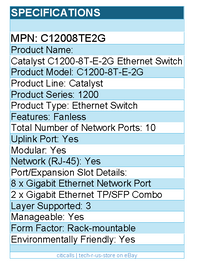 Cisco C12008TE2G Catalyst C1200-8T-E-2G Ethernet Switch - 10 Ports