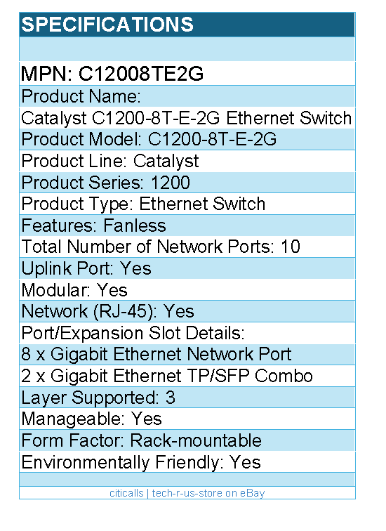 Cisco C12008TE2G Catalyst C1200-8T-E-2G Ethernet Switch - 10 Ports