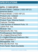 Cisco C130016P2G Catalyst C1300-16P-2G Ethernet Switch - 16 Ports - Manageable
