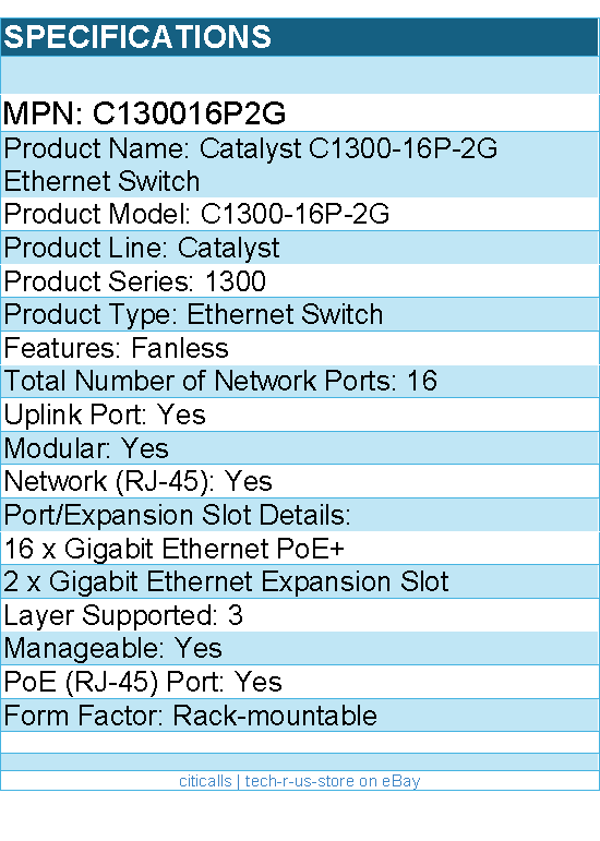 Cisco C130016P2G Catalyst C1300-16P-2G Ethernet Switch - 16 Ports - Manageable