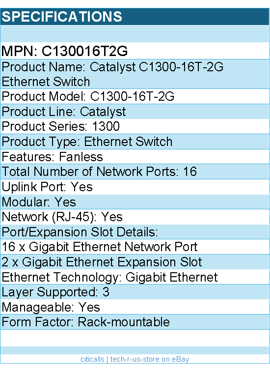 Cisco C130016T2G Catalyst C1300-16T-2G Ethernet Switch - 16 Ports - Manageable
