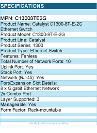 Cisco C13008TE2G Catalyst C1300-8T-E-2G Ethernet Switch - 10 Ports - Manageable