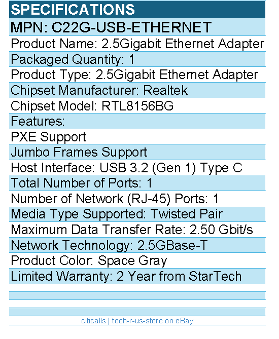 StarTech C22G-USB-ETHERNET 2.5GbE USB-C to Ethernet Adapter - Space Gray