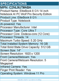 HP C2NL9UT#ABA fEliteBook 8 G1i 14" Notebook - WUXGA - Intel Core Ultra 7 255U