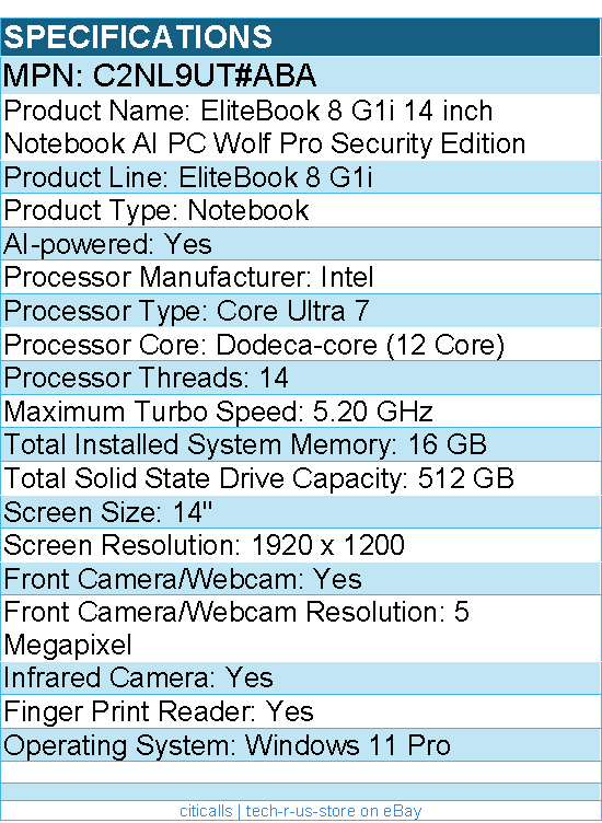 HP C2NL9UT#ABA fEliteBook 8 G1i 14" Notebook - WUXGA - Intel Core Ultra 7 255U