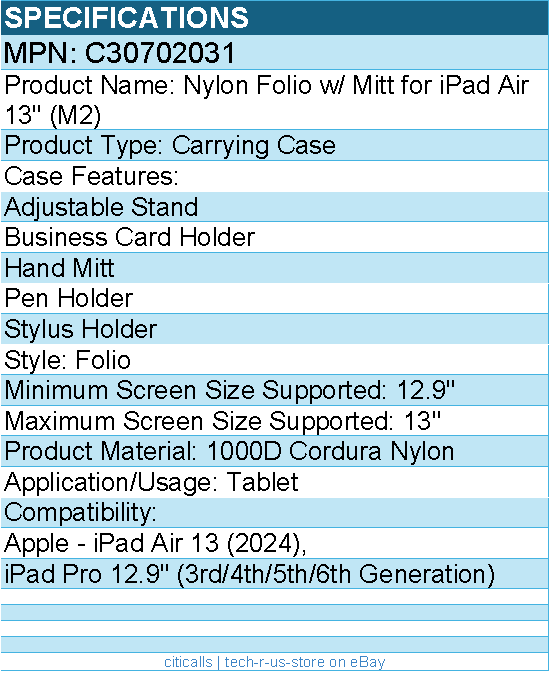 Codi C30702031 Nylon Folio w/ Mitt for iPad Air 13"" (M3, M2), iPad Pro 12.9""