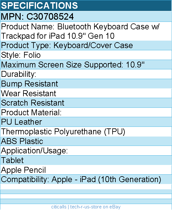 Codi C30708524 Bluetooth Keyboard Folio Case w/ Trackpad for iPad 10.9""
