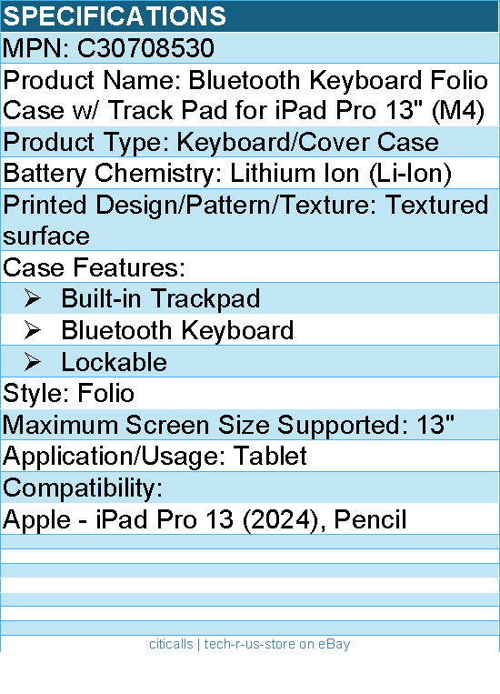 Codi C30708530 Bluetooth Keyboard Folio Case with Trackpad for iPad Pro 13""