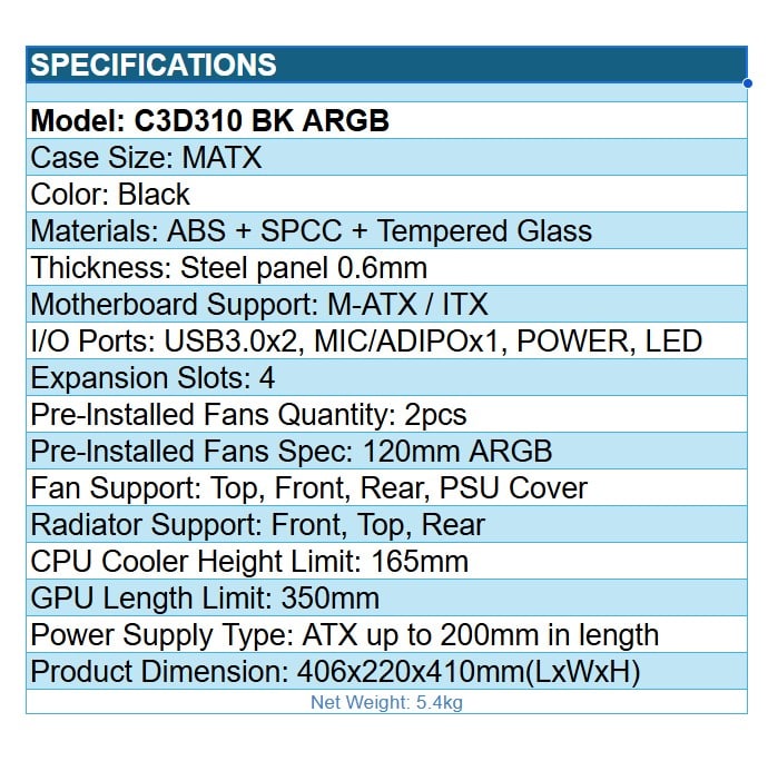 PCCooler C3D310 BK ARGB PC Gaming Case mATX ITX Easy Install Cable Storage Black