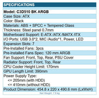 PCCooler C3D510 BK ARGB CPS PC Gaming Case w 3 FANs Easy Install Cable-Sto Black