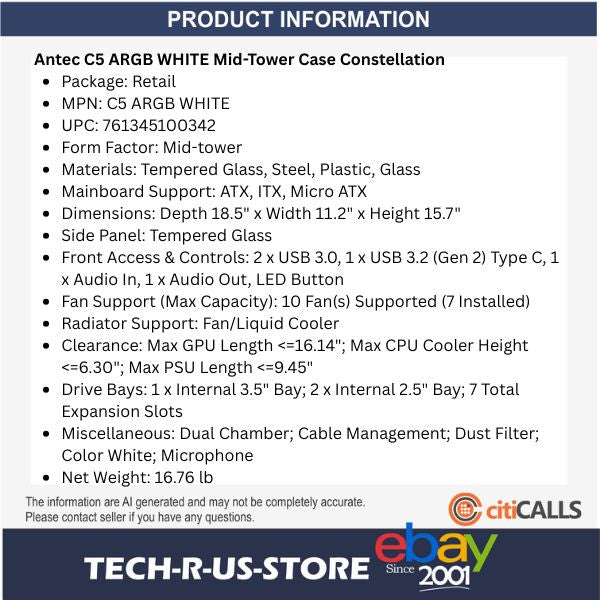 ANTEC C5 ARGB White Mid-Tower Desktop PC Case ATX Dual Chamber 7x Fan USB-C