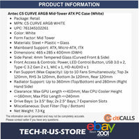 ANTEC C5 CURVE ARGB White Mid-Tower ATX Desktop PC Case USB-C Curved TG 4x Fans