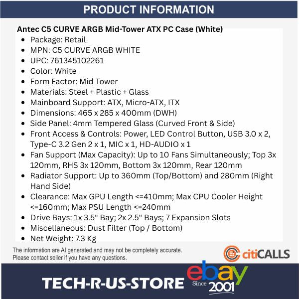 ANTEC C5 CURVE ARGB White Mid-Tower ATX Desktop PC Case USB-C Curved TG 4x Fans