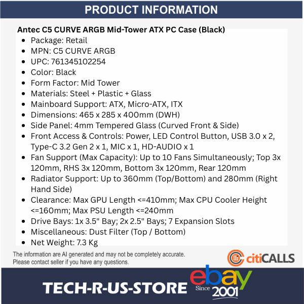 ANTEC C5 CURVE ARGB Mid-Tower ATX Desktop Case USB-C Curved TG 4xARGB Fans Black