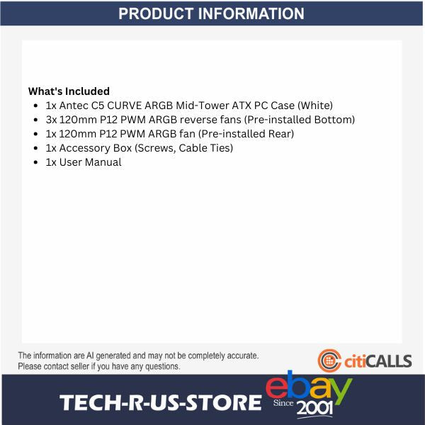 ANTEC C5 CURVE ARGB White Mid-Tower ATX Desktop PC Case USB-C Curved TG 4x Fans