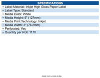 Epson C60GD005 C6000/C7500 series media; 3 x 5" die cut, high gloss, 1170 labels