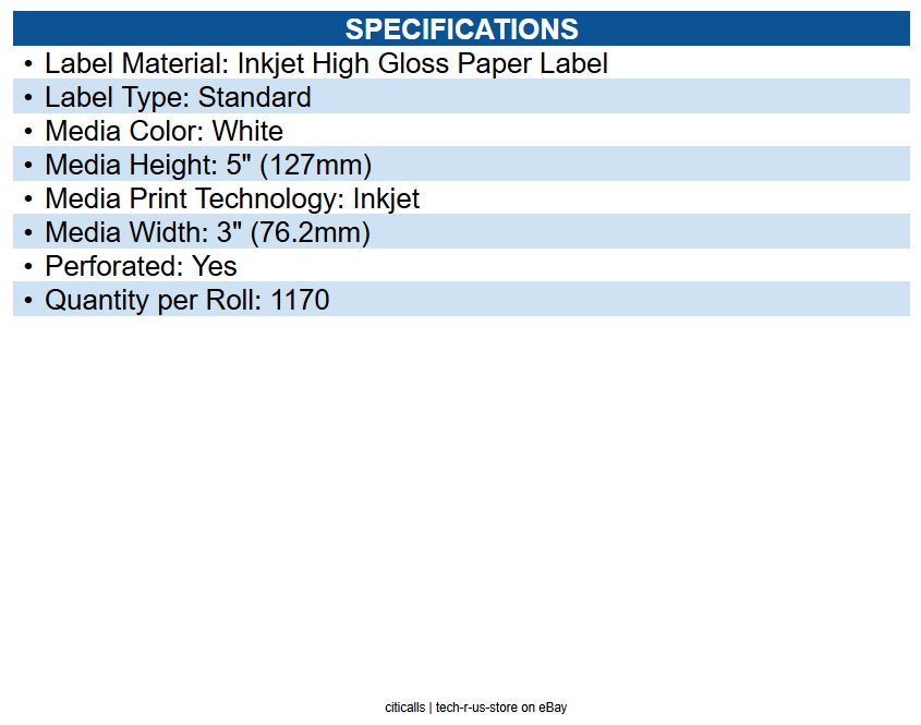 Epson C60GD005 C6000/C7500 series media; 3 x 5" die cut, high gloss, 1170 labels