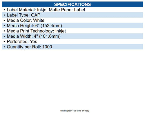 Epson C60MD003 C6000/C7500 series media; 4 x 6" die cut premium matte 1000 label