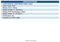Epson C60MD004 C6000/C7500 series media 3 x 2" die cut premium matte 2820 labels