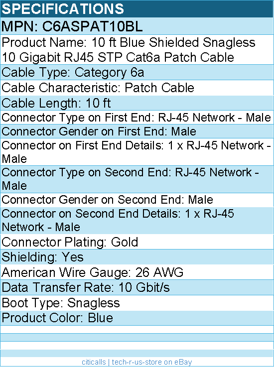 StarTech C6ASPAT10BL 10ft CAT6a Ethernet Cable - 10 Gigabit Category 6a Shielded