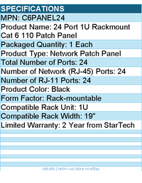 StarTech C6PANEL24 24 Port 1U Rackmount Cat 6 110 Patch Panel