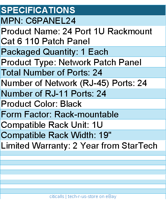 StarTech C6PANEL24 24 Port 1U Rackmount Cat 6 110 Patch Panel