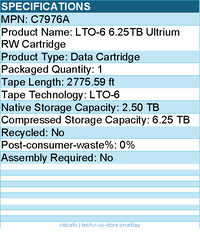 HPE C7976A LTO-6 6.25TB Ultrium RW Cartridge - LTO-6 - Data Cartridge