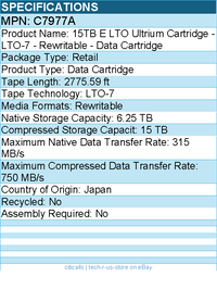 HPE C7977A 15TB E LTO Ultrium Cartridge - LTO-7 - Rewritable - Data Cartridge