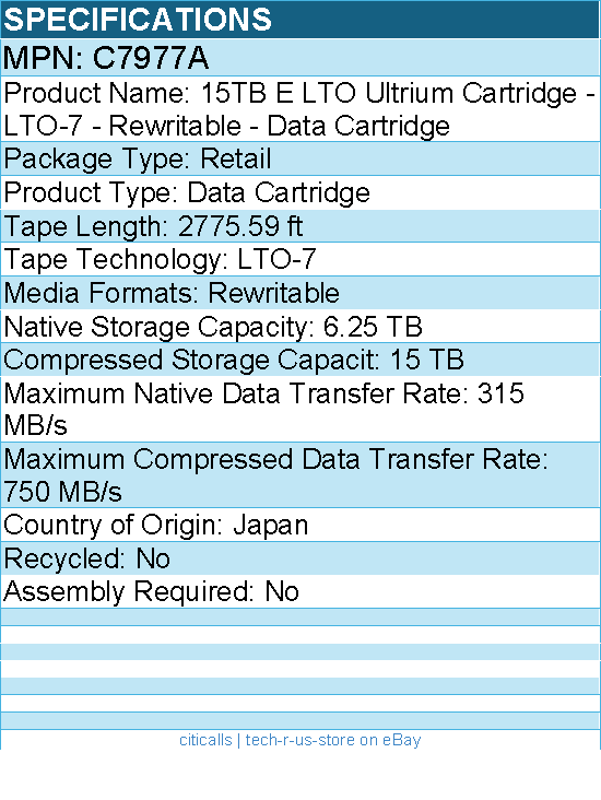 HPE C7977A 15TB E LTO Ultrium Cartridge - LTO-7 - Rewritable - Data Cartridge