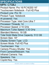 Dell C7G6J Pro 16 PC16250 16" Touchscreen Notebook - Intel Core Ultra 7 265U