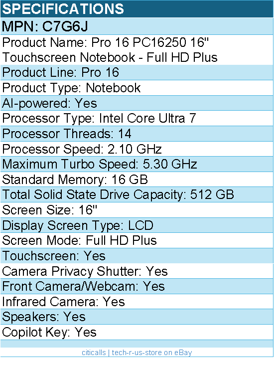 Dell C7G6J Pro 16 PC16250 16" Touchscreen Notebook - Intel Core Ultra 7 265U