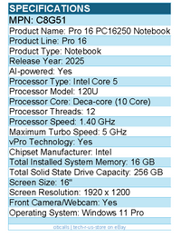 Dell C8G51 Pro 16 PC16250 16" Notebook - Full HD Plus - 60 Hz - Intel Core 5