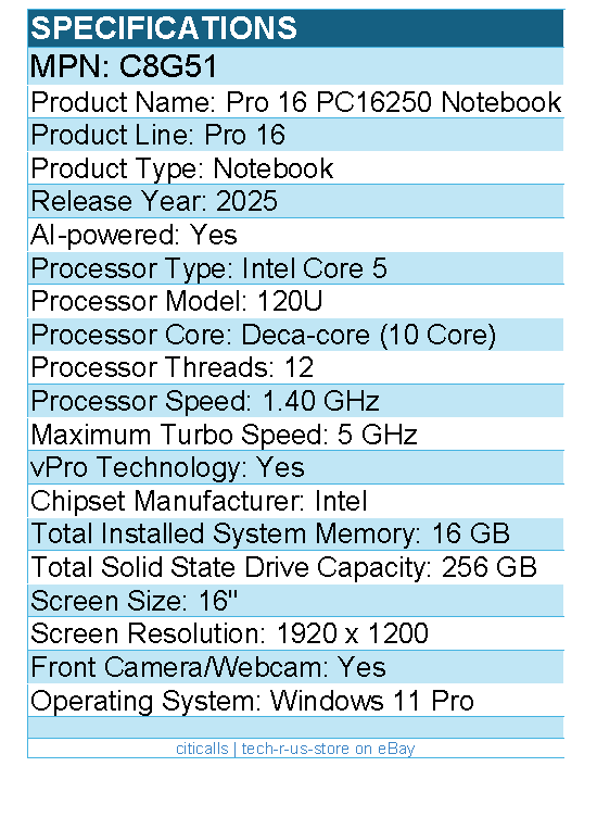 Dell C8G51 Pro 16 PC16250 16" Notebook - Full HD Plus - 60 Hz - Intel Core 5