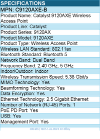Cisco C9120AXE-B Catalyst Dual Band 802.11ax 5.38 Gbit/s Wireless Access Point