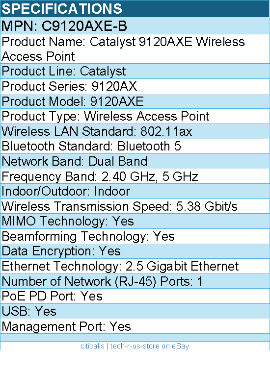 Cisco C9120AXE-B Catalyst Dual Band 802.11ax 5.38 Gbit/s Wireless Access Point