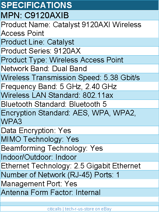 Cisco C9120AXIB Catalyst Dual Band 802.11ax 5.38 Gbit/s Wireless Access Point