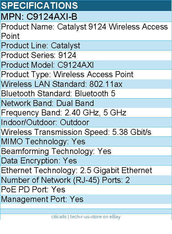 Cisco C9124AXI-B Catalyst Dual Band 802.11ax 5.38 Gbit/s Wireless Access Point