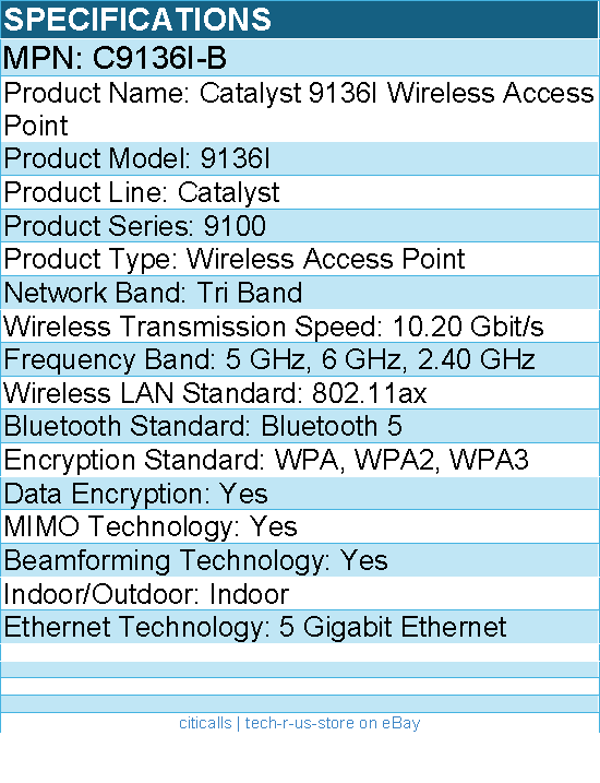 Cisco C9136I-B Catalyst Tri Band 802.11ax 10.20 Gbit/s Wireless Access Point