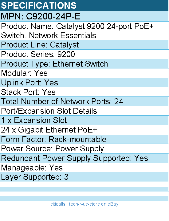 Cisco C9200-24P-E Catalyst 9200 24-port PoE+ Switch. Network Essentials