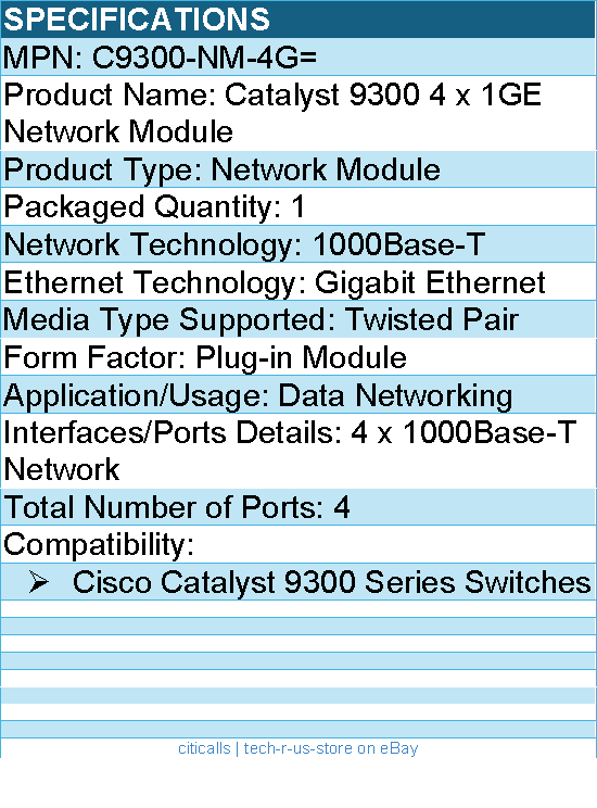 Cisco C9300-NM-4G= Catalyst 9300 4 x 1GE Network Module for 9300 Series Switches